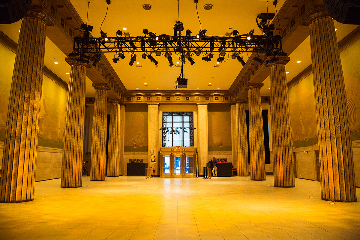 The L&eacute;man Ballroom, fluted columns and murals
